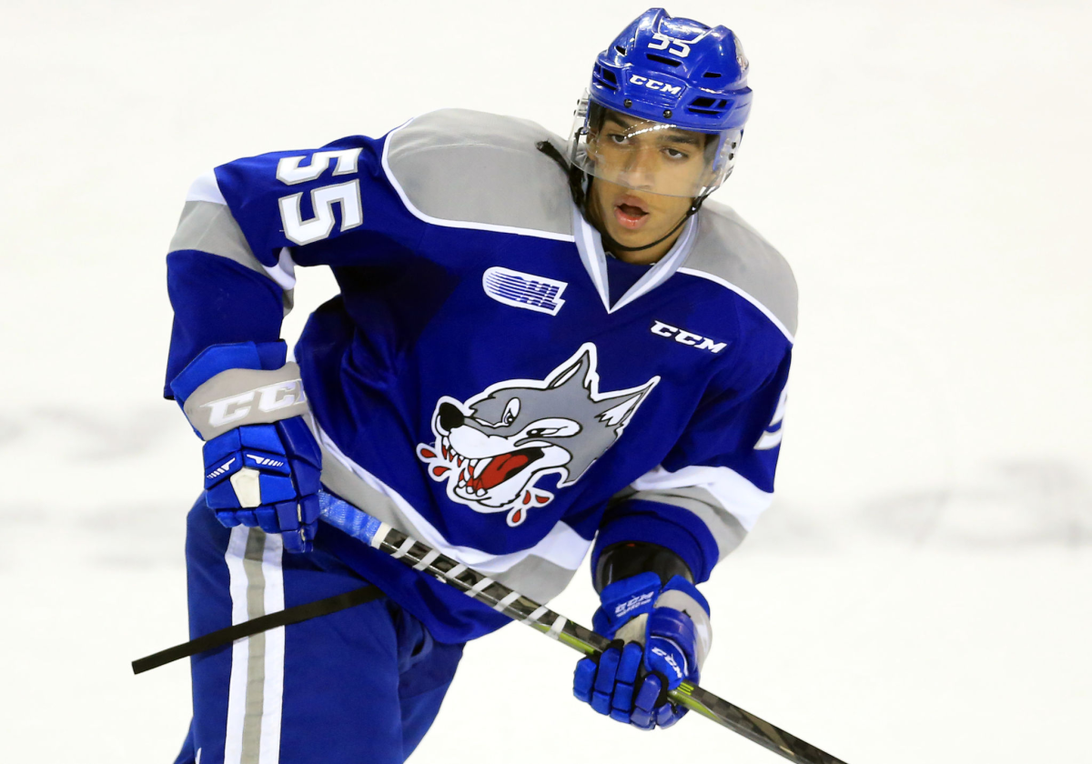 Quinton Byfield skates during the second period of an OHL game.