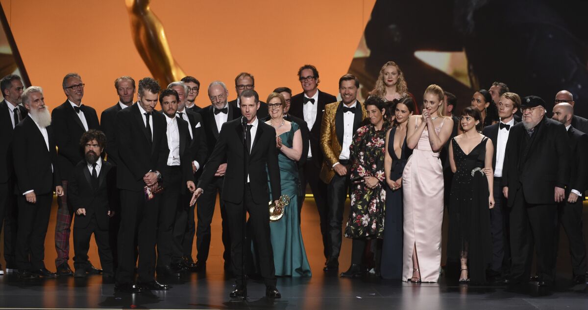 D.B. Weiss and the team from "Game of Thrones" accepts the award for outstanding drama series at the 71st Primetime Emmy Awards.