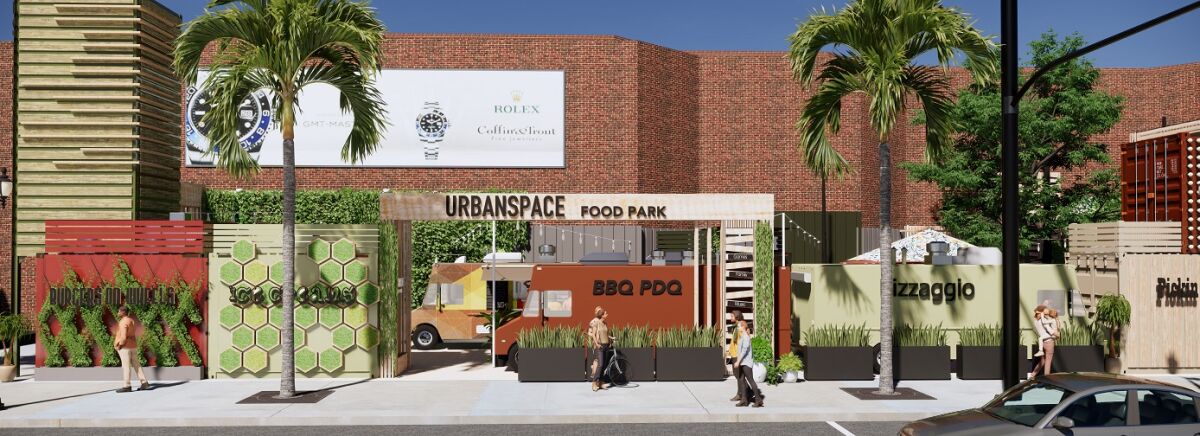 A rendering of the Urban Space Food Park, an open-air food court that will soon be constructed outside of the Glendale Galleria. Slated to open in November, the food park will include five food trucks and 10 prefab shipping containers.