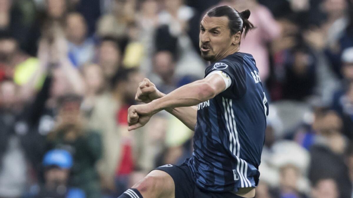 Galaxy star Zlatan Ibrahimovic celebrates after scoring a goal against the Vancouver Whitecaps on April 5.