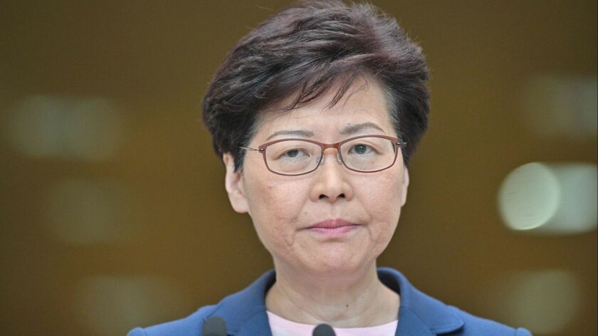 Hong Kong Chief Executive Carrie Lam holds a news conference on Tuesday.