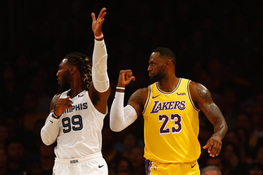 LOS ANGELES, CALIF. - OCTOBER 29: Los Angeles Lakers forward LeBron James (23) gestures during a NBA game between the Memphis Grizzlies and the Los Angeles Lakers at Staples Center on Tuesday, Oct. 29, 2019 in Los Angeles, Calif. (Kent Nishimura / Los Angeles Times)