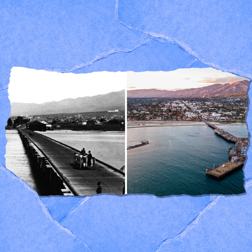 A black-and-white photo of an empty pier alongside a color photo of a built-up pier and many houses on shore.