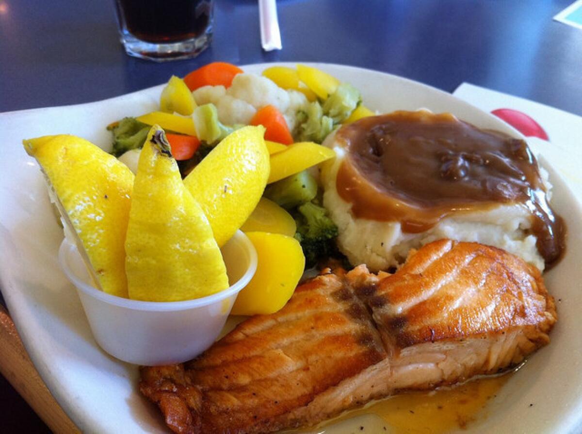Freeway close, and easy on the calories. Grilled salmon, steamed veggies, and the evil mashed potatoes.