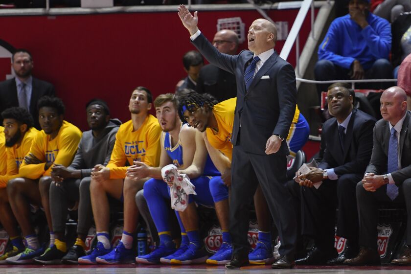 UCLA coach Mick Cronin yells to players during the second half of the team's NCAA college basketball game.
