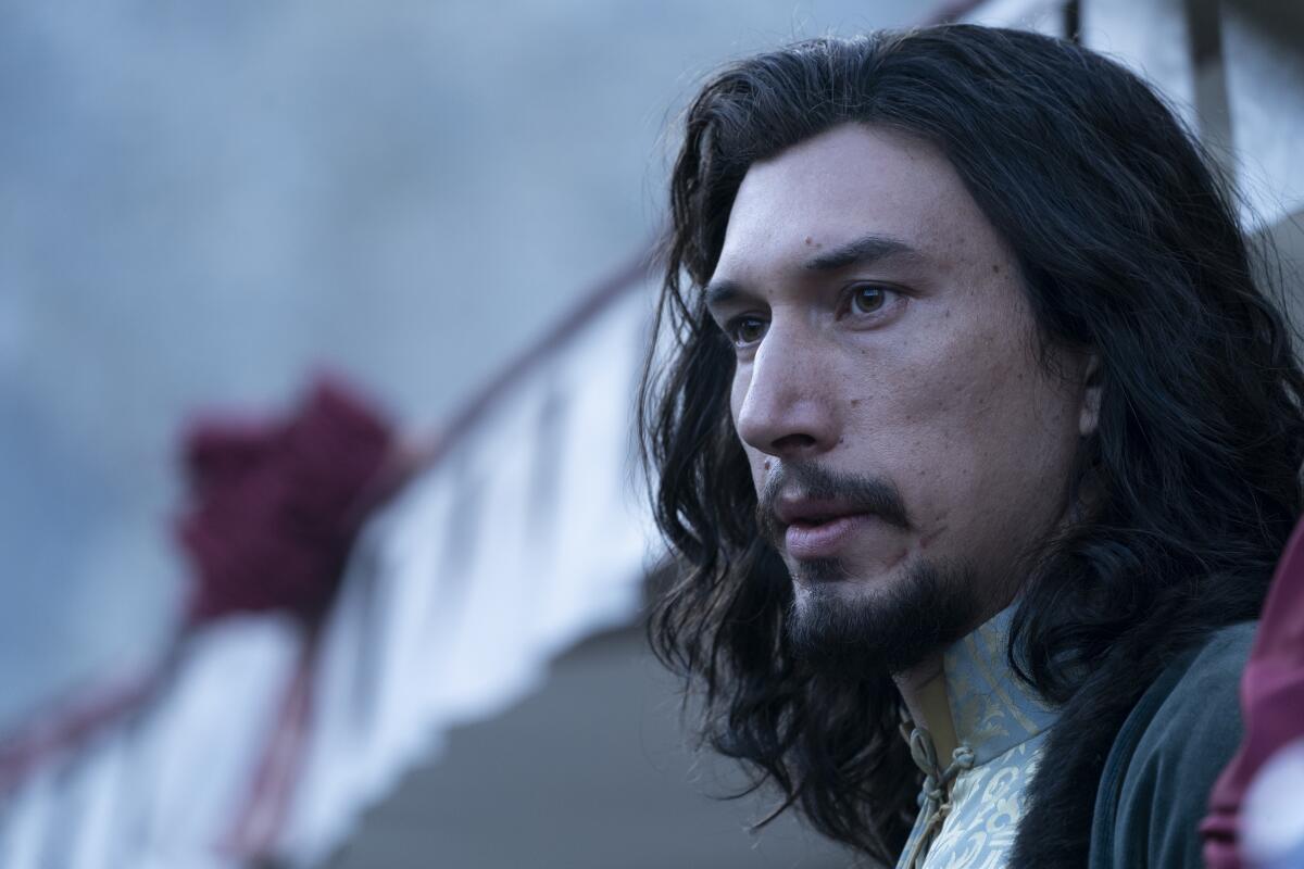 Adam Driver with long hair as Jacques Le Gris in “The Last Duel”