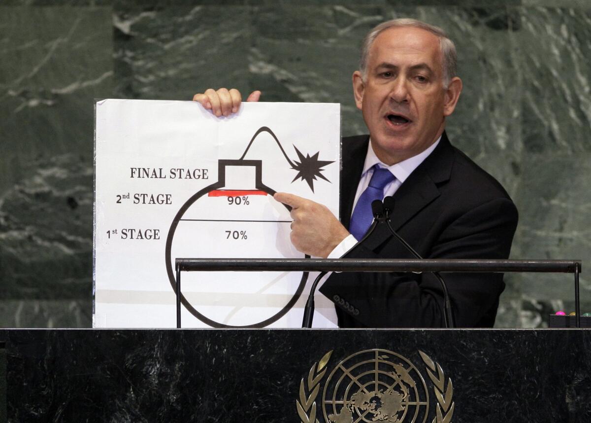 Israeli Prime Minister Benjamin Netanyahu describes his concerns over Iran's nuclear ambitions at United Nations headquarters in New York in September 2012.