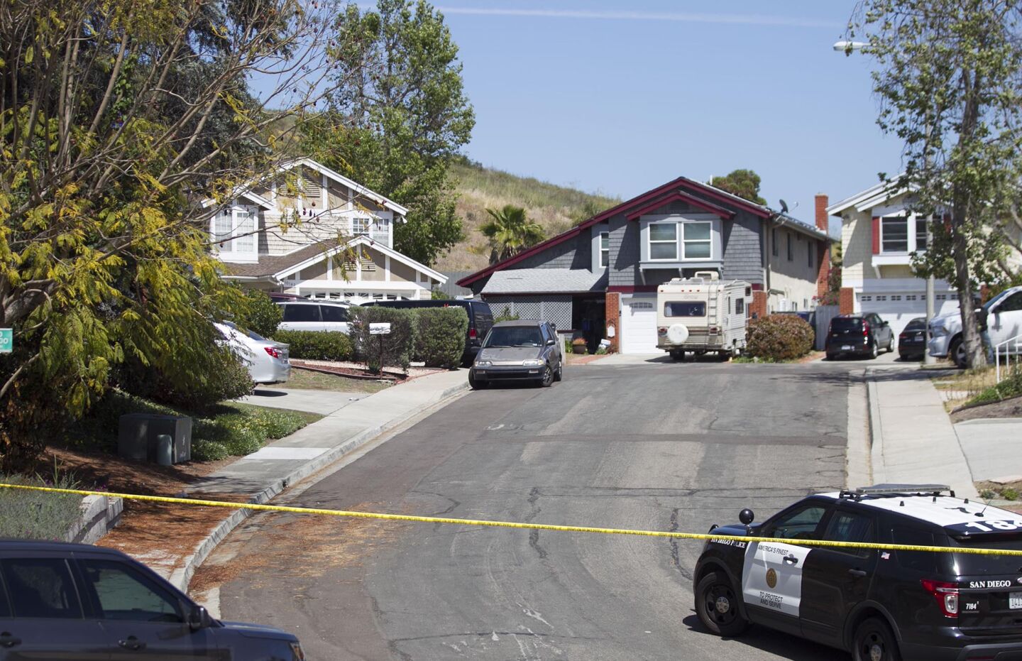 A view up the cul-de-sac in the Rancho Peñasquitos neighborhood of San Diego where the house thought to be the home of 19 year-old John Earnest, is located. Earnest is a suspect in the shooting of four people in a Poway synagogue, killing one, on Saturday April 27, 2019 in San Diego, California. The house is on a cul de sac in the Rancho Peñasquitos neighborhood in the north part of the city.