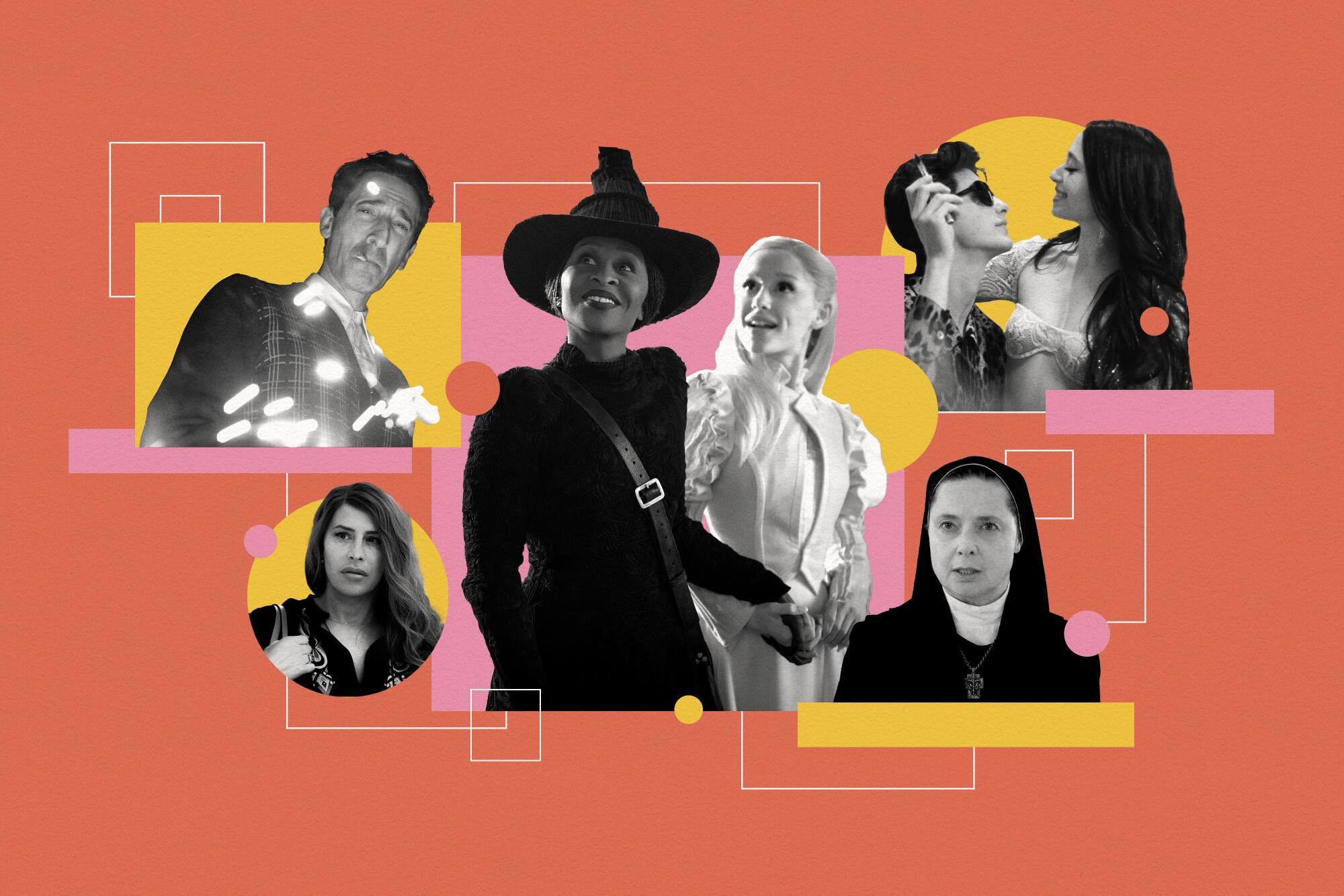 A collage of performers from the films "The Brutalist"; "Wicked"; "Anora"; "Conclave" and "Emilia Pérez"