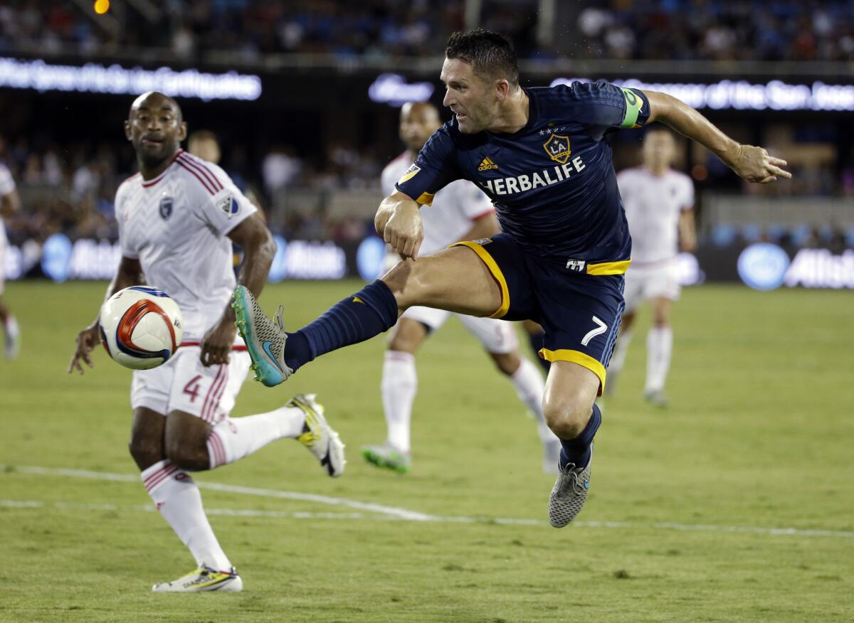 Galaxy forward Robbie Keane takes a shot on goal against the Earthquakes in San Jose on Aug. 28.