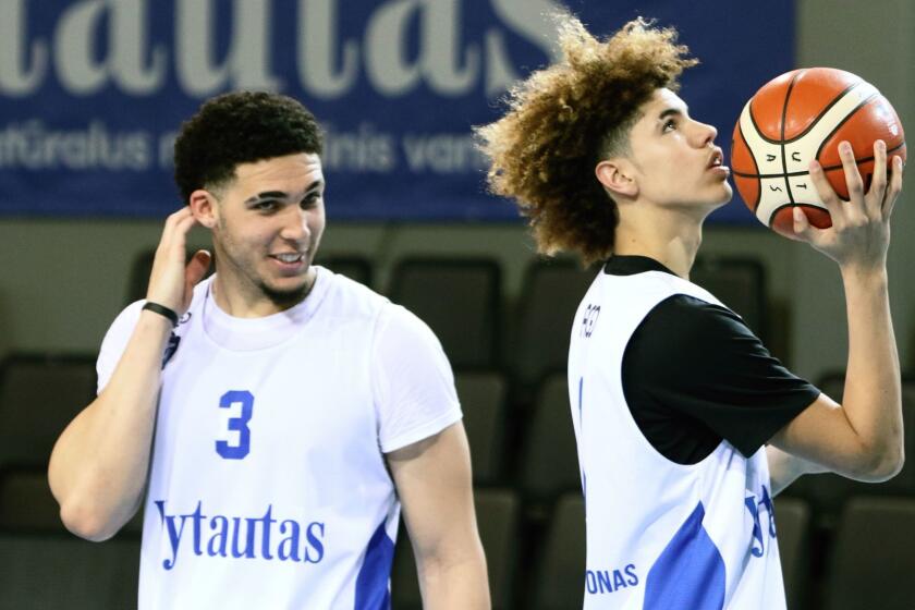 US basketball players LiAngelo Ball (L) and Lamelo Ball takes part in their first training session in Prienai, Lithuania, where they will play for the Vytautas club on January 5, 2018. Basketball-crazed Lithuania welcomed LiAngelo and LaMelo Ball, the two youngest sons of flamboyant Los Angeles entrepreneur LaVar Ball who recently made headlines due to a feud with US President Donald Trump. / AFP PHOTO / Petras MalukasPETRAS MALUKAS/AFP/Getty Images ** OUTS - ELSENT, FPG, CM - OUTS * NM, PH, VA if sourced by CT, LA or MoD **