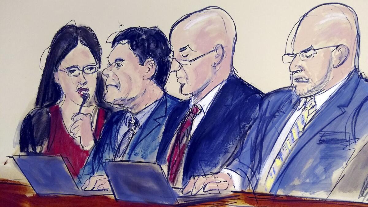 In this courtroom drawing, Joaquin "El Chapo" Guzman, second from left, stares at the jury as the judge reads the verdict in his drug trafficking trail on Tuesday in Brooklyn. With him are an interpreter, left, and defense attorneys Eduardo Balarezo, right, and William Purpura.