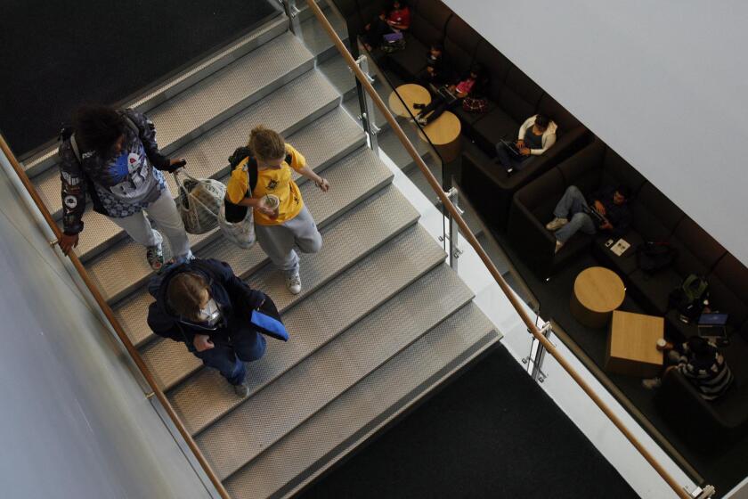 Stairs along the north side of the Henry Madden Library at Fresno State lead down to the first floor where students study, October 28, 2009, in Fresno, California. (Photo by Eric Paul Zamora/Fresno Bee/Tribune News Service via Getty Images)