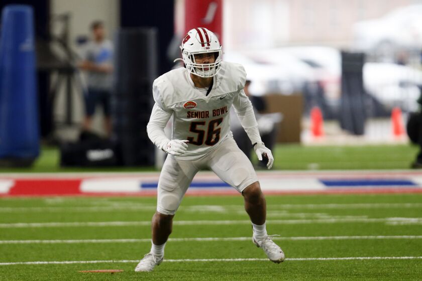Wisconsin's Zack Baun during the first half of the Senior Bowl college football game Saturday, Jan. 25, 2020, in Mobile, Ala. (AP Photo/Butch Dill)