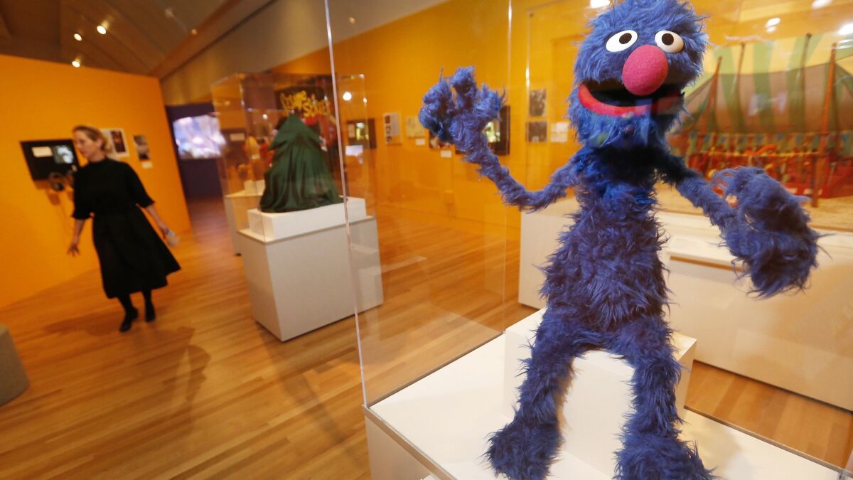 A Grover puppet from the early 1970s on view at the Skirball.