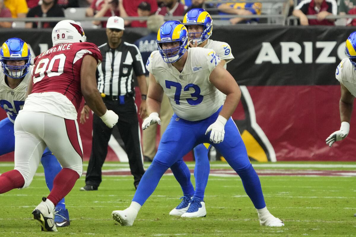 Rams guard David Edwards blocks for Matthew Stafford during a win over the Arizona Cardinals on Sept. 25.