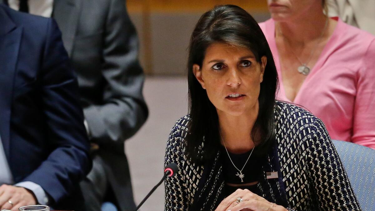 United Nations Ambassador from U.S. Nikki Haley at a U.N. Security Council meeting on Sept. 28.