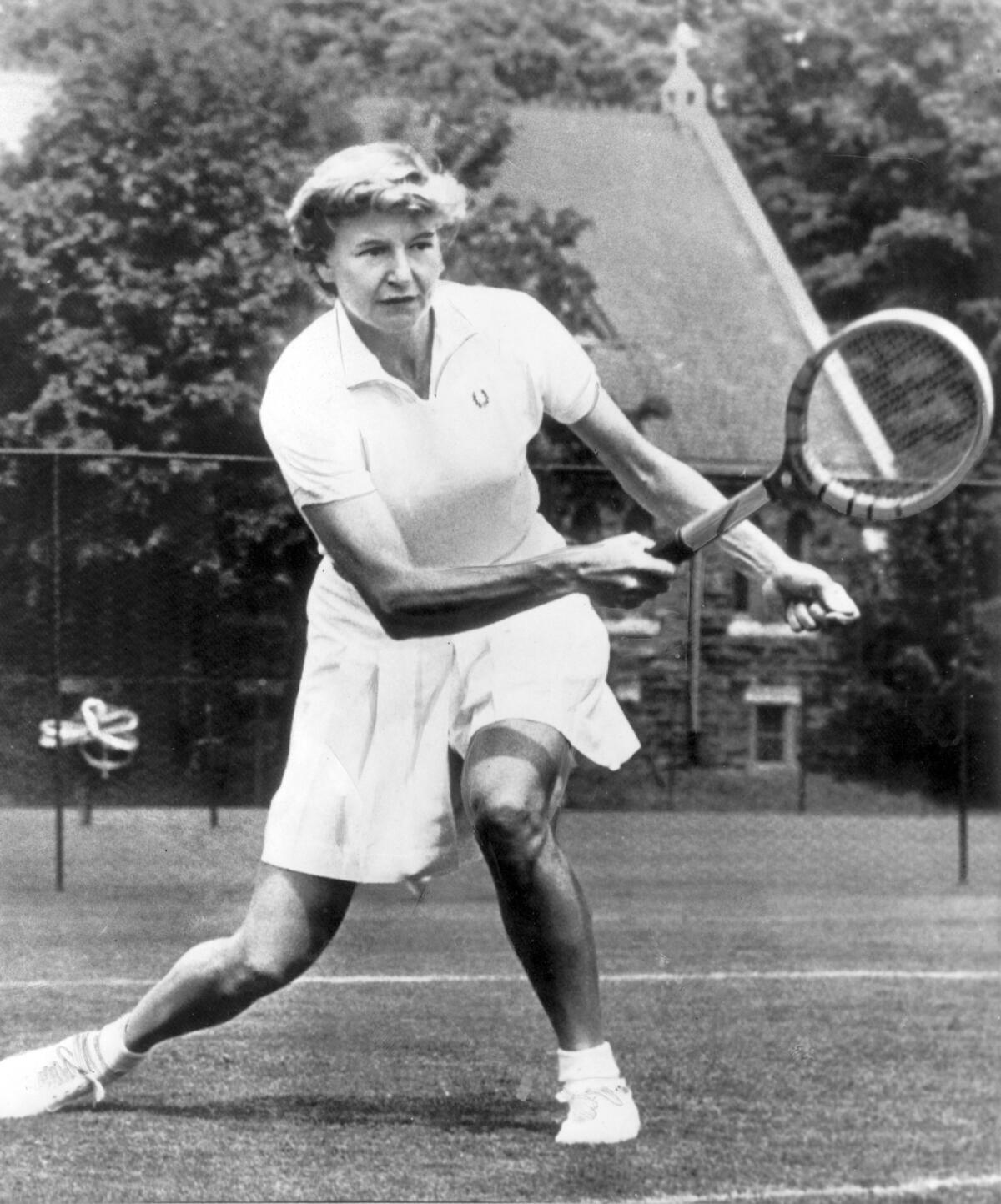 Tennis champion Louise Brough playing in tournament in Philadelphia in 1955.