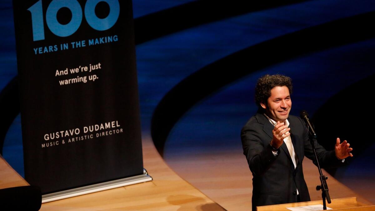 Gustavo Dudamel, music and artistic director of L.A. Phil, announces plans Thursday for the orchestra's 2018-2019 centennial season, including an unprecedented 50 commissions of new music and a Frank Gehry-designed permanent home for Dudamel's YOLA youth orchestra.