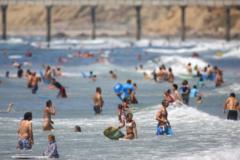 People packed La Jolla Shores beach where temperatures soared on Tuesday, August 7, 2018. (Photo by K.C. Alfred/San Diego Union-Tribune)