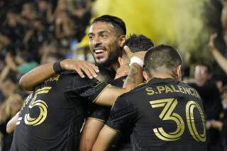Los Angeles FC midfielder Filip Krastev, second from right, celebrates his goal with.