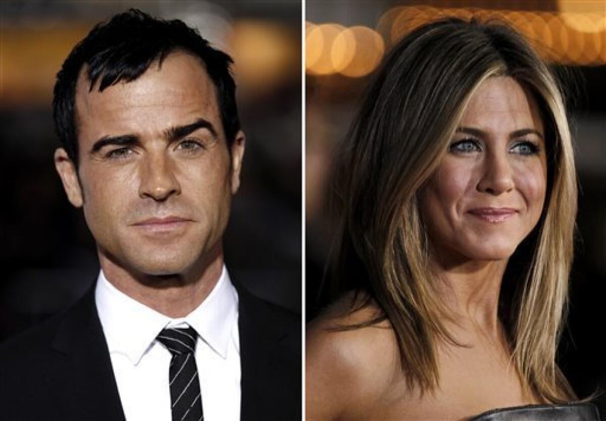 This combo made from Feb. 16, 2012 file photos shows Justin Theroux, left, and Jennifer Aniston. Aniston's rep, Stephen Huvane, on Sunday, Aug. 12, 2012 confirmed to The Associated Press that Theroux and the actress are engaged. It was first reported by People.com. (AP Photo/Matt Sayles, File)