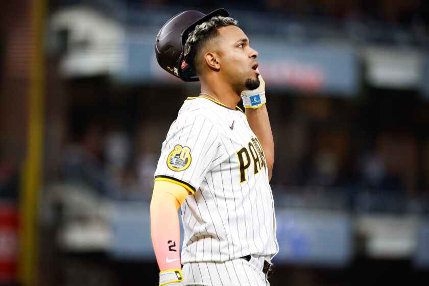 San Diego, CA - April 30: San Diego Padres second baseman Xander Bogaerts (2) takes off his helmet after flying out during the third inning against the Cincinnati Reds at Petco Park on Tuesday, April 30, 2024 in San Diego, CA. (Meg McLaughlin / The San Diego Union-Tribune)