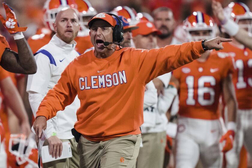 Clemson head coach Dabo Swinney reacts to a call in the first half of an NCAA college football game against North Carolina State, Saturday, Oct. 1, 2022, in Clemson, S.C. (AP Photo/Jacob Kupferman)