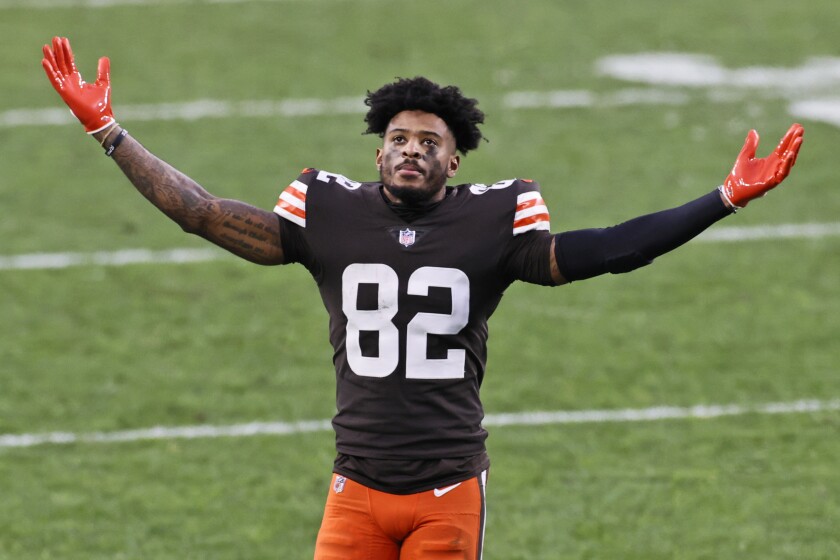 Cleveland Browns wide receiver Rashard Higgins celebrates after the team defeated the Pittsburgh Steelers in an NFL football game, Sunday, Jan. 3, 2021, in Cleveland. (AP Photo/Ron Schwane)