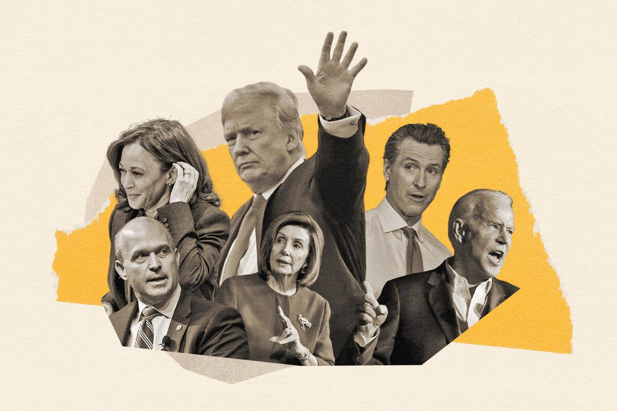 A photo collage of Trump, Biden, Democratic leaders from California and Kevin Roberts on a sideways yellow image of the state