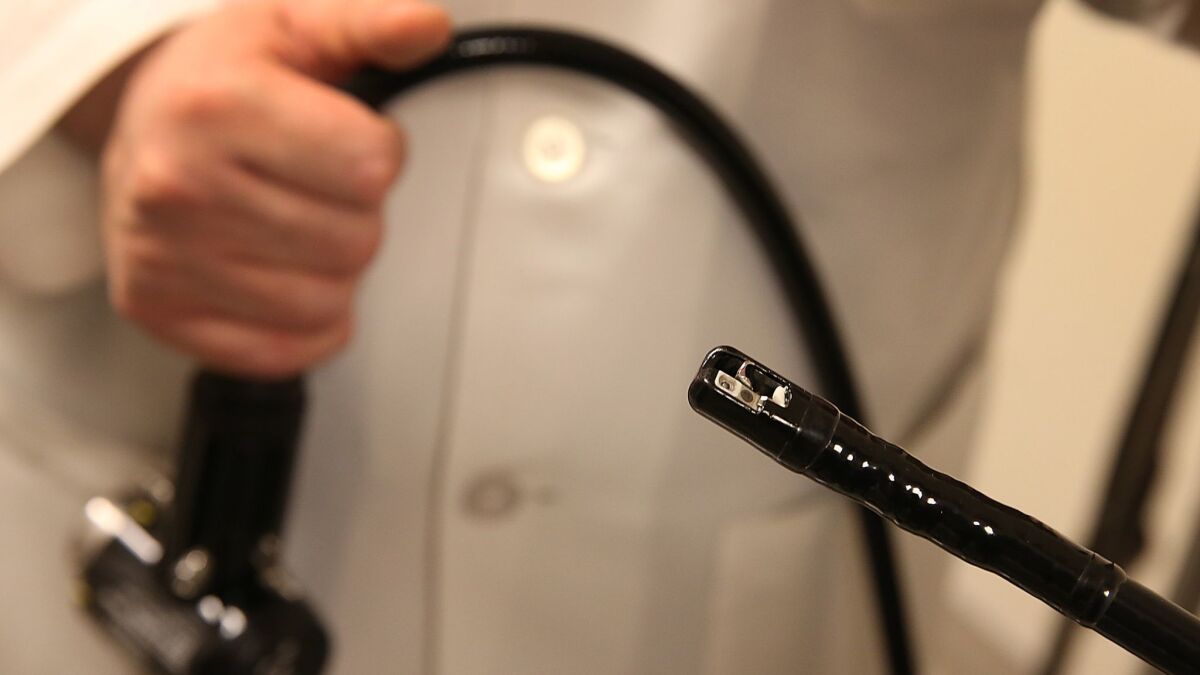 The front tip of an Olympus duodenoscope, where bacteria can gather.