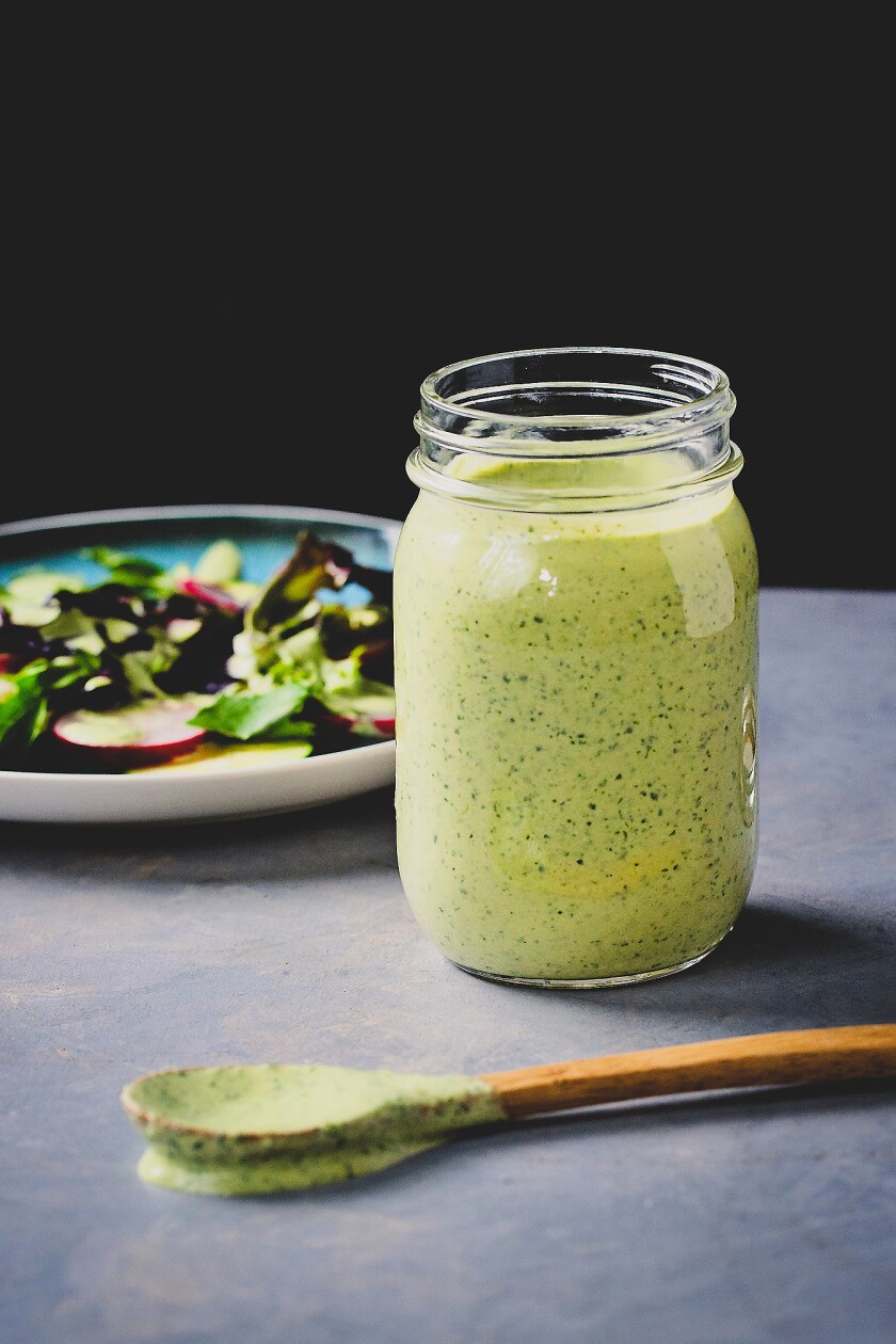 Mexican-inspired Cotija-Pepita Salad Dressing flavored with cotija, pepitas, cilantro, garlic and roasted Anaheim peppers.