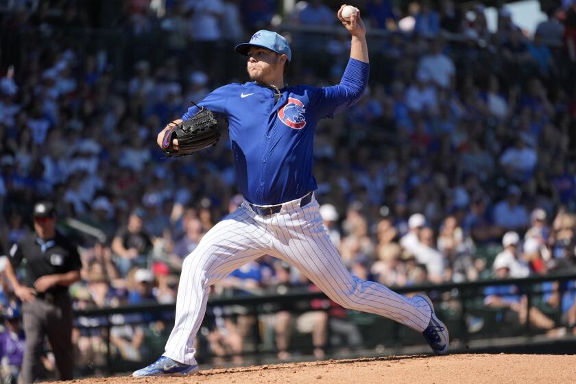 FILE - Chicago Cubs starting pitcher Justin Steele throws against the Chicago White Sox during the first inning of a spring training baseball game, Friday, March 1, 2024, in Mesa, Ariz. Cubs ace Justin Steele is just about ready to return to Chicago's rotation after being sidelined since the season opener because of a strained left hamstring. Steele is on track to start Monday against San Diego, assuming he gets through one more bullpen session with no issues, manager Craig Counsell said Friday, May 3. (AP Photo/Matt York, File)