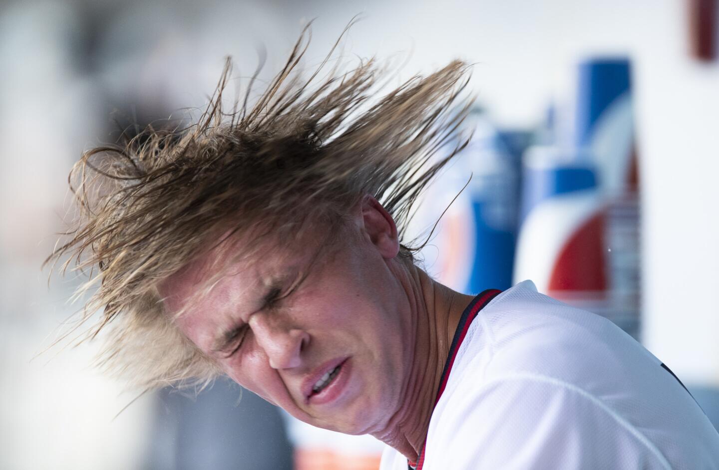 Charlotte Knights pitcher Michael Kopech shakes out his hair in the dugout after the first inning during a game againts Norfolk on Wednesday, March 23, 2018, at BB&T Ballpark in Charlotte, N.C.
