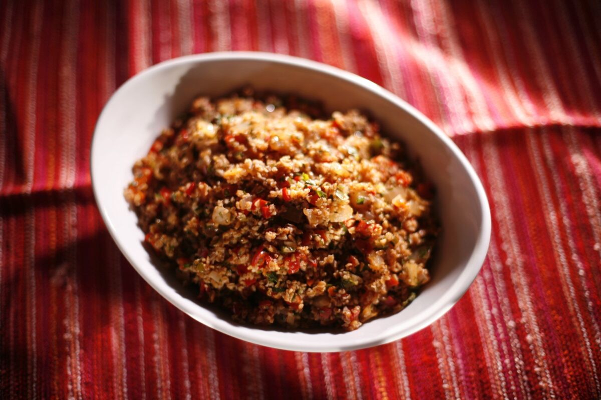 Spicy Bulgar salad with sweet peppers and pepper paste.