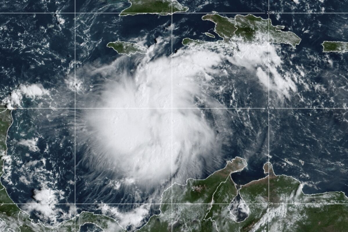 A satellite image of Tropical Storm Ian over the central Caribbean on Saturday