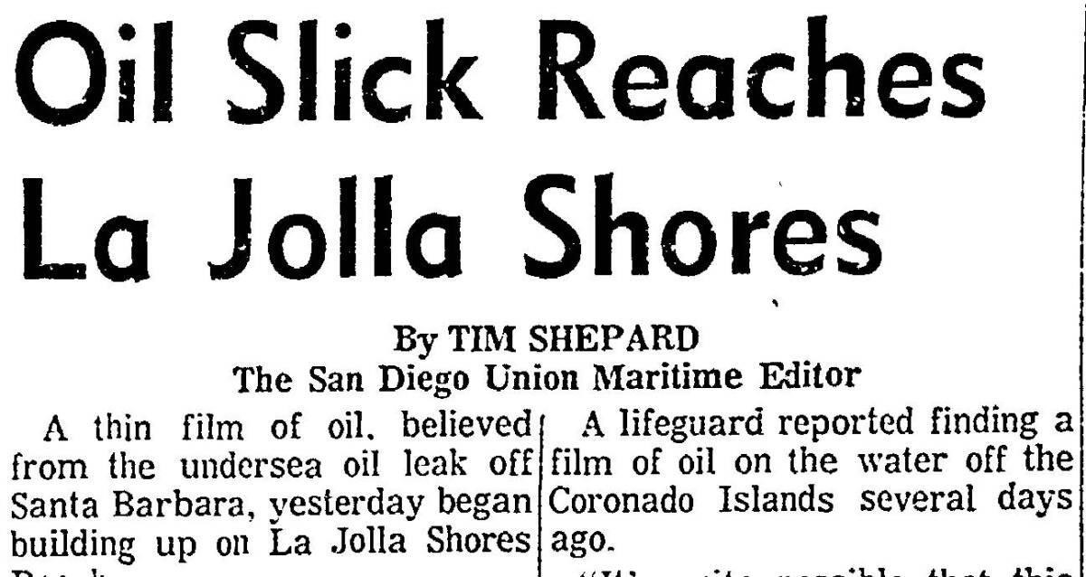 "Oil Slick Reaches La Jolla Shores," headline published in The San Diego Union, Feb. 16, 1969.