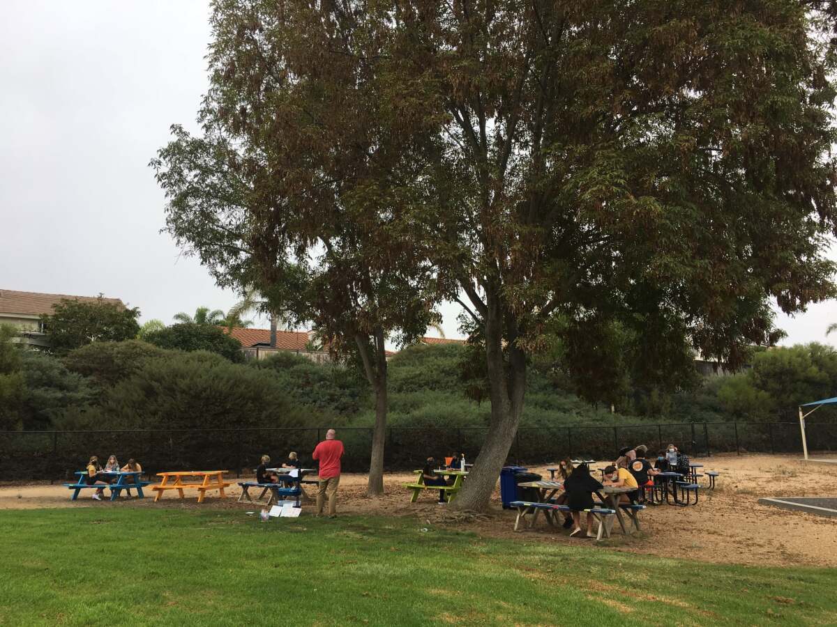 An outdoor classroom in use at Flora Vista Elementary School.