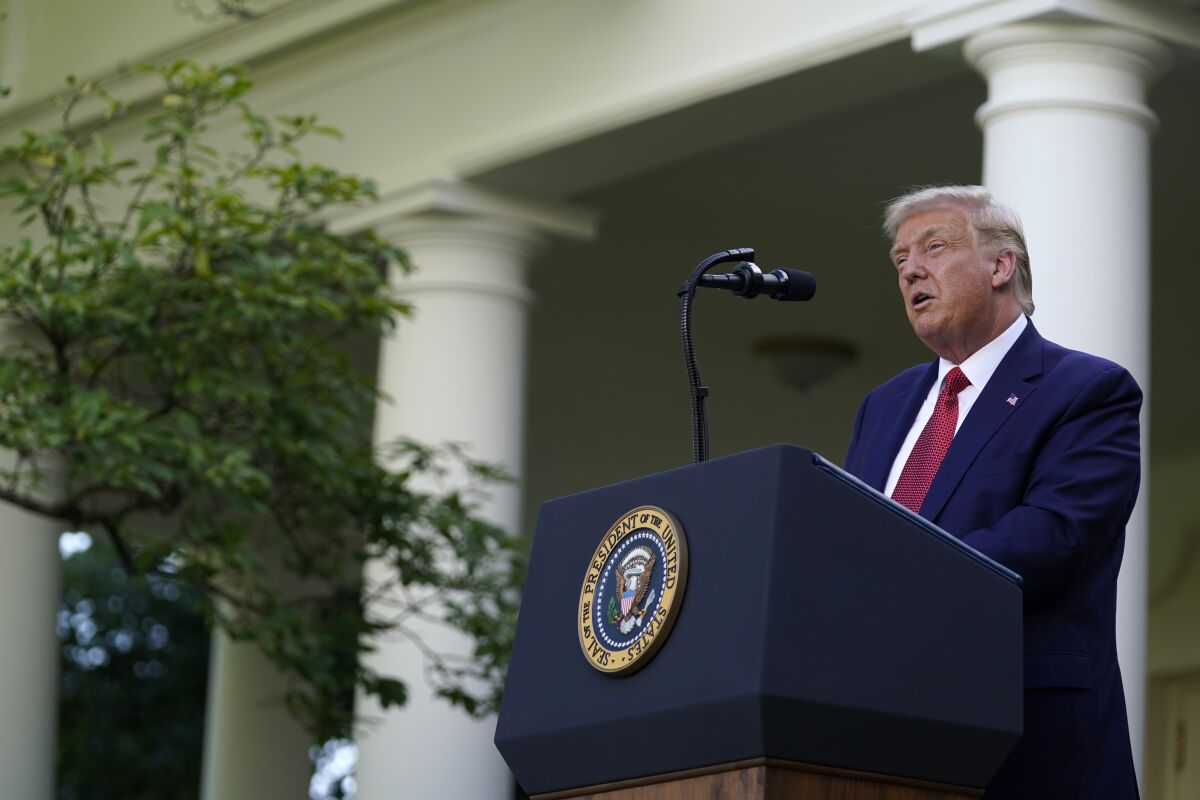 President Trump speaks during a news conference in the Rose Garden of the White House on Tuesday.