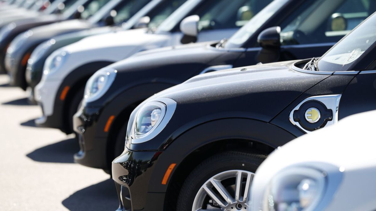 A long line of 2019 Countryman models sits at a Mini Cooper dealership in Highlands Ranch, Colo.