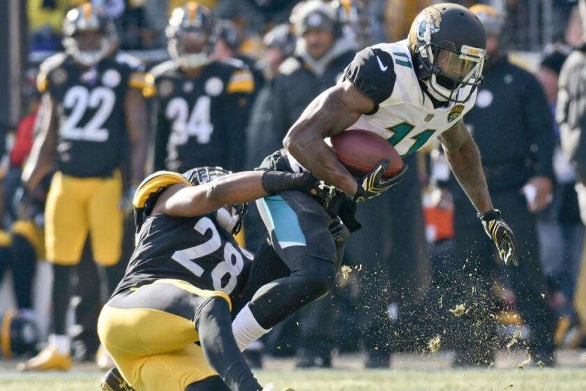 Jacksonville Jaguars wide receiver Marqise Lee (11) plays in an NFL football game against the Pittsburgh Steelers, Sunday, Jan. 14, 2018, in Pittsburgh. (AP Photo/Don Wright)