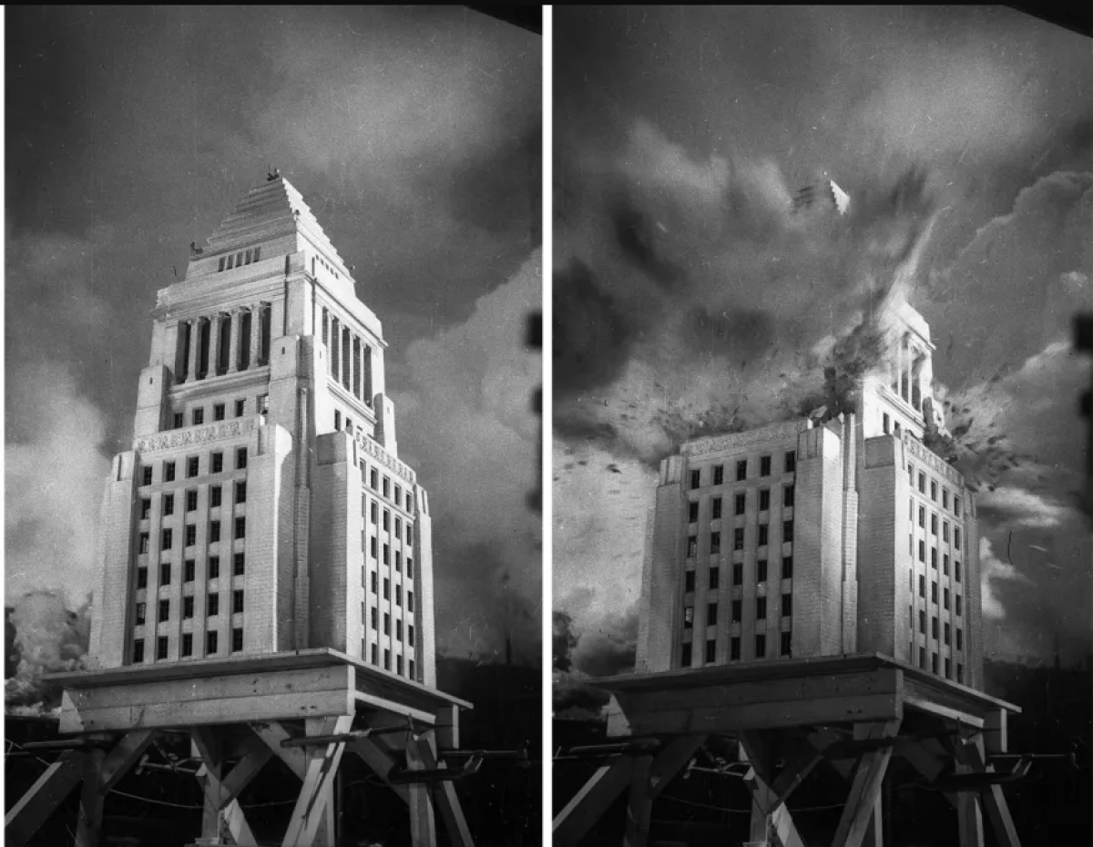 May 8, 1952: Two frames show a model of Los Angeles City Hall blowing up during the filming of "War of the Worlds."