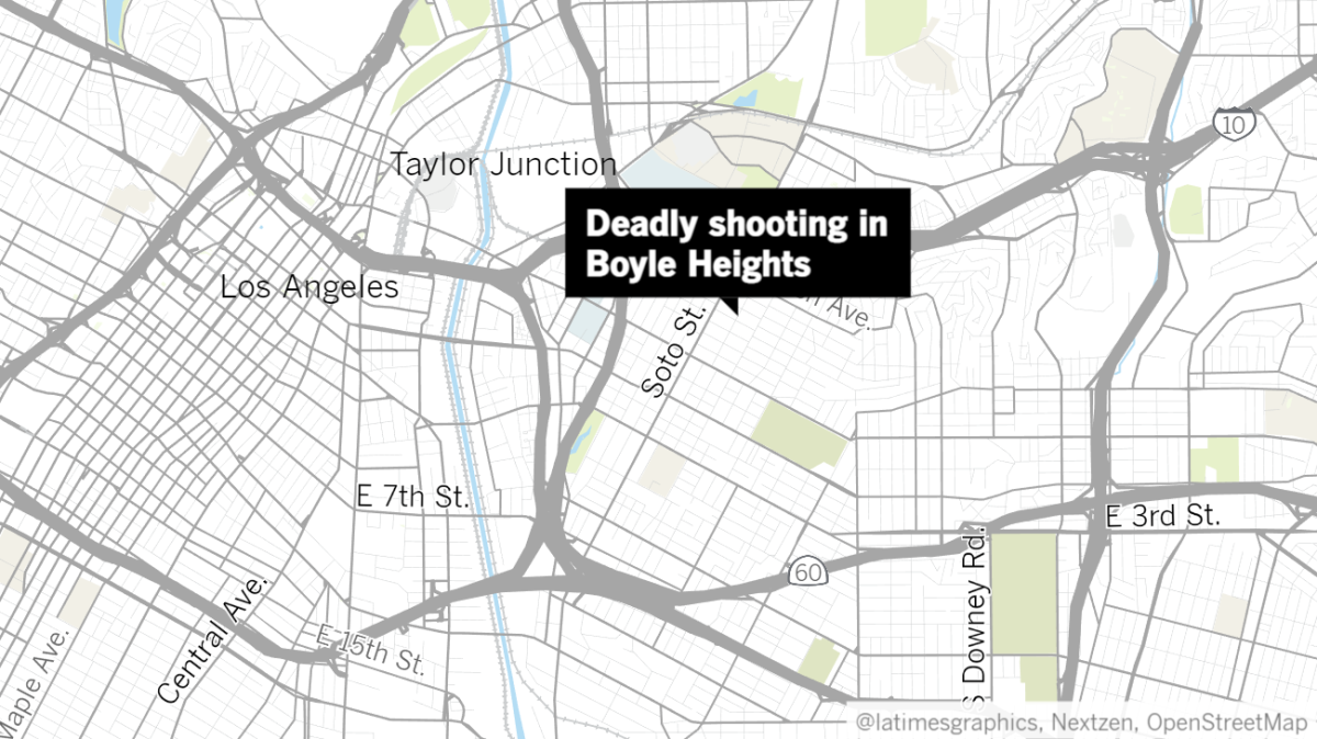 A map of Los Angeles' Eastside with a label pointing to location of a deadly shooting in Boyle Heights
