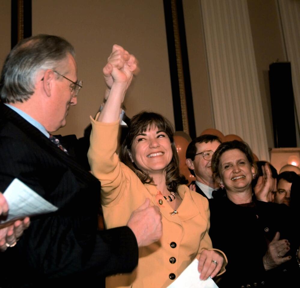 Rep. Loretta Sanchez, on Feb. 4, 1998, celebrates a decision by the House task force to dismiss former Republican Rep. Bob Dornan's challenge to her November 1996 election victory.