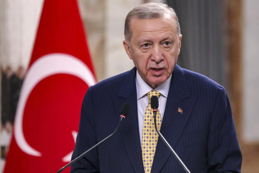 FILE - Turkish President Recep Tayyip Erdogan speaks during a joint statement to the media in Baghdad, Iraq, April 22, 2024. (Ahmad Al-Rubaye /Pool Photo via AP, File)