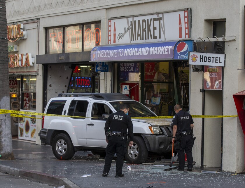 Four people were seriously injured after SUV crashes into store along Hollywood Boulevard Friday, March 19, 2021.