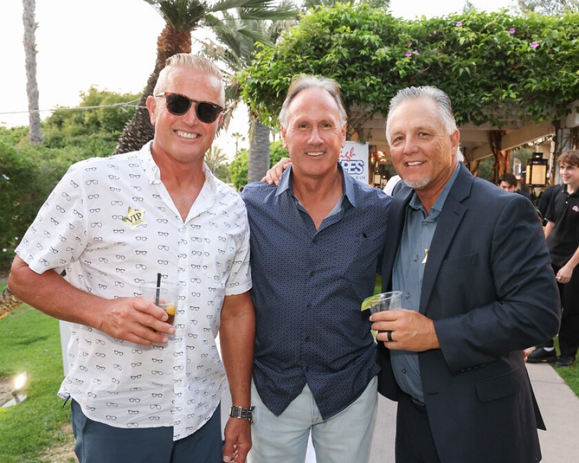 Dennis Van De Mortel, Gary Crabtree and Jerry Jaugarle attend the Eric Marienthal and Friends Concert in Newport Beach.