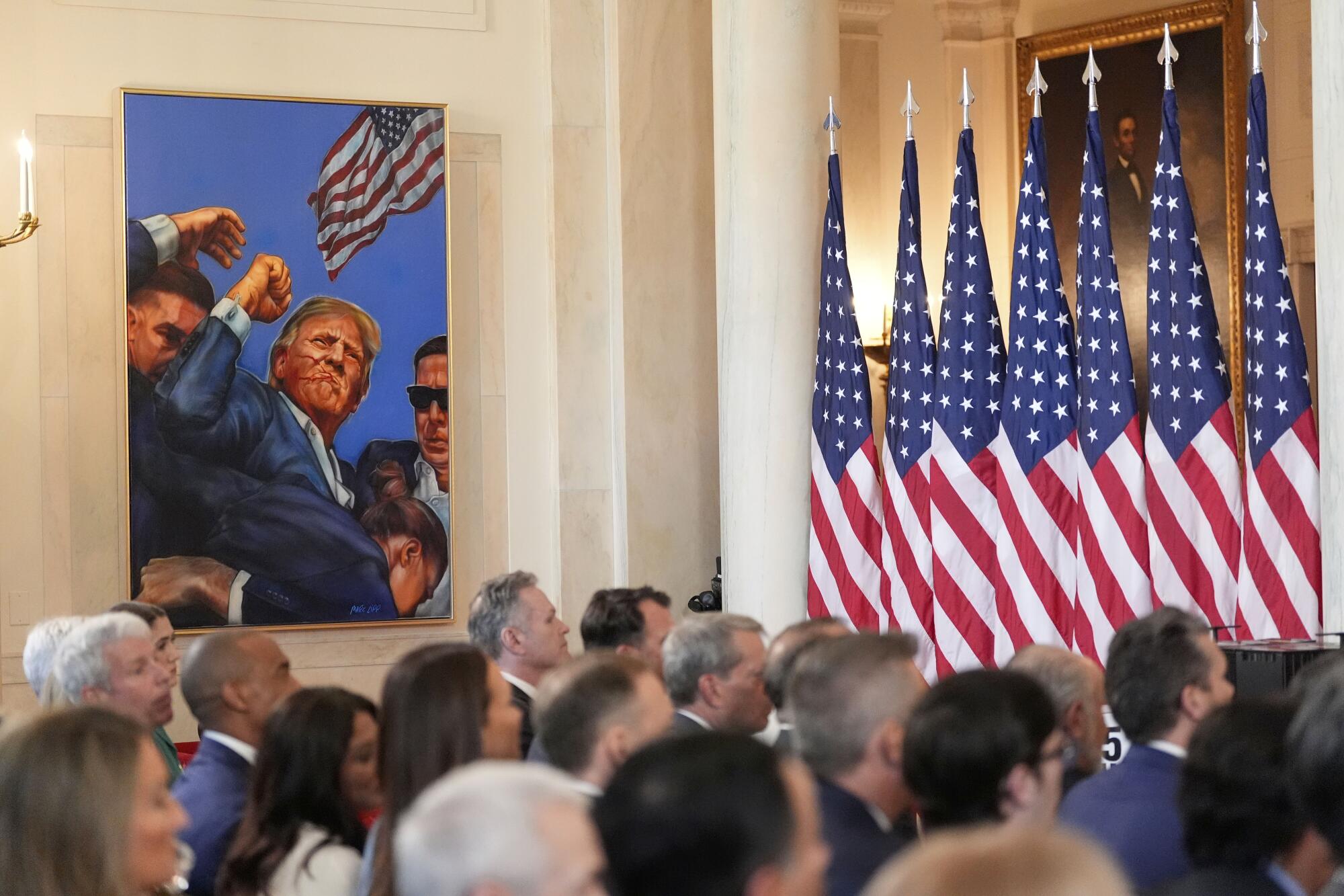 A coating of President Donald Trump is seen successful the Grand Foyer.