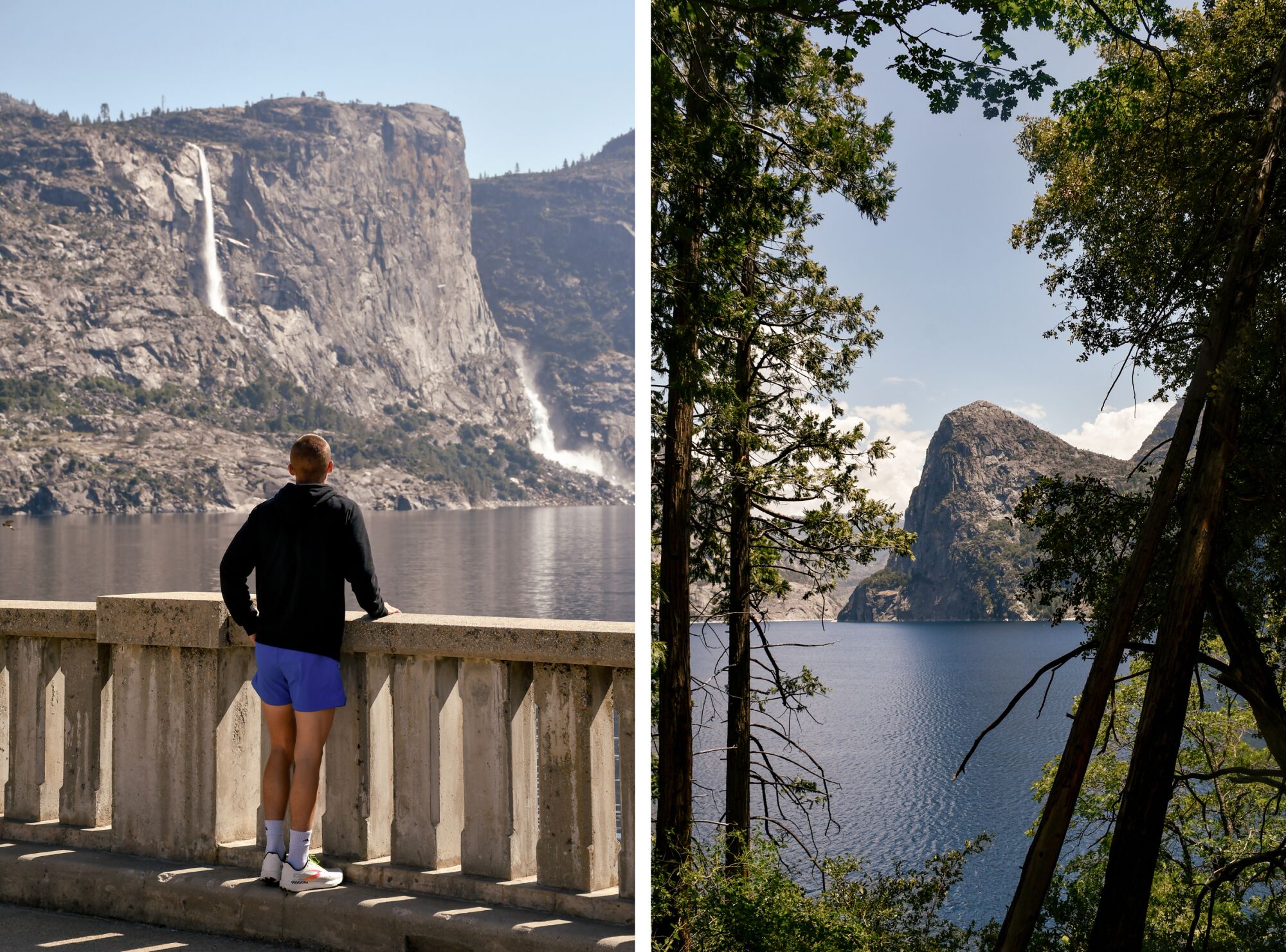 Two photos side by side, showing different views of the Hetch Hetchy Valley's reservoir.