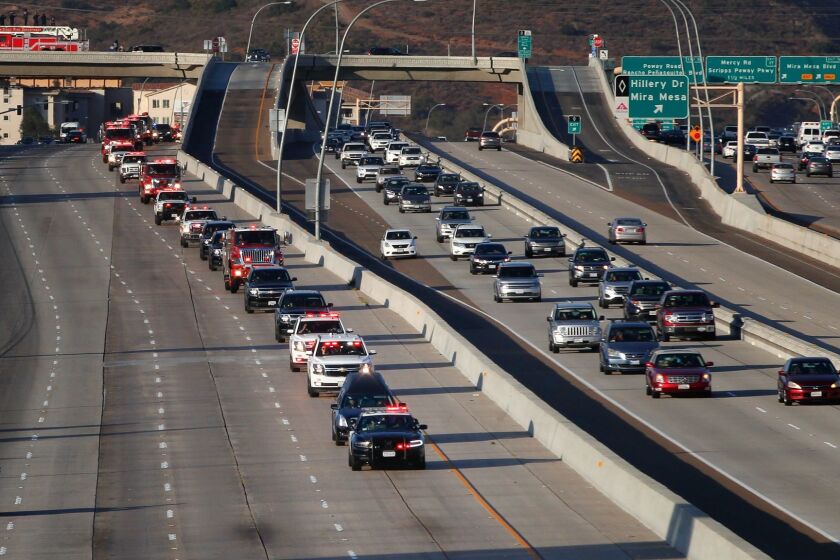Arriving in San Diego on the Int 15, fire apparatus engineer, Cory David Iverson with Cal Fire is escorted back to San Diego accompanied with a procession of first responders late Sunday afternoon. David lost is life while fighting the Thomas Fire in the Fillmore area.